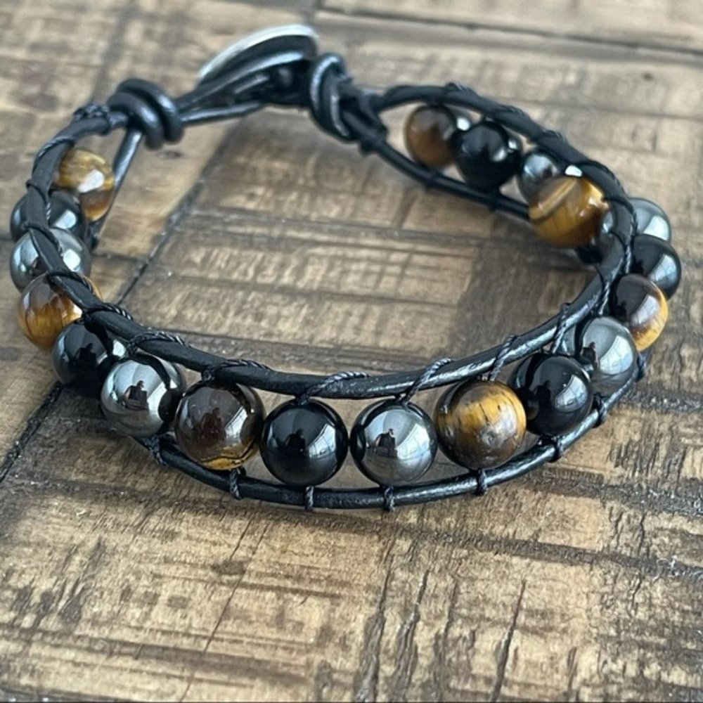 Tiger Eye - Black Onyx - Hematite Leather Bracelet - Picture 2 of 5